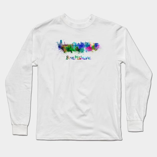 Bratislava skyline in watercolor Long Sleeve T-Shirt by PaulrommerArt